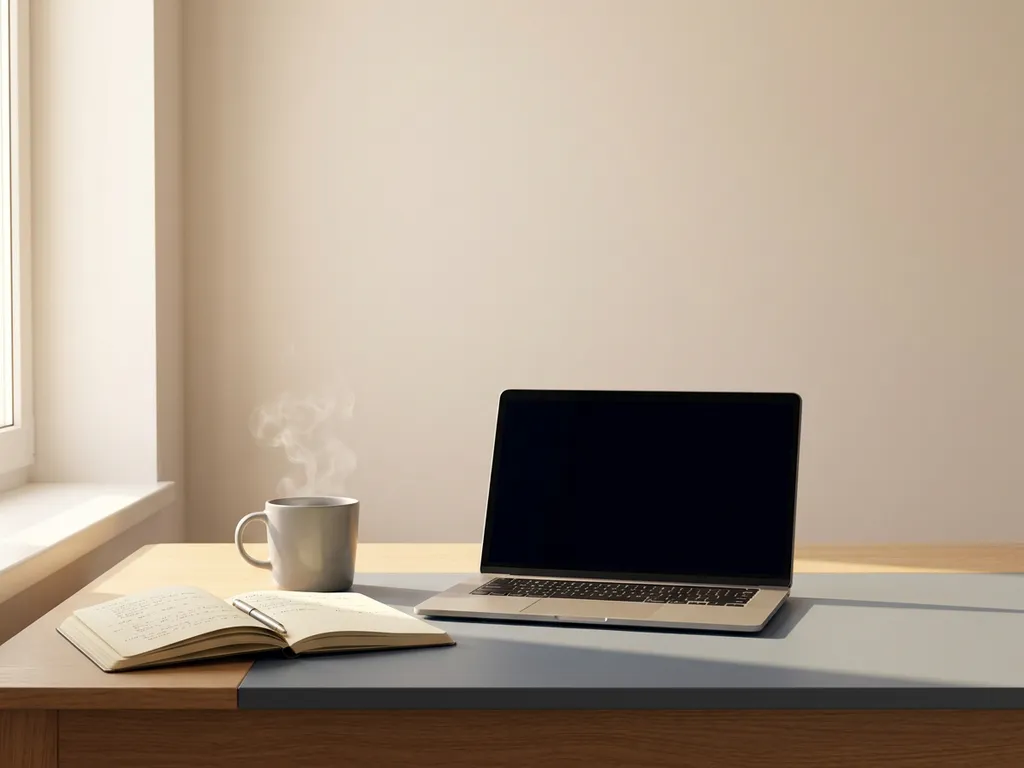 Open notitieboek, koffie en laptop op modern bureau met zacht ochtendlicht en warme tinten.