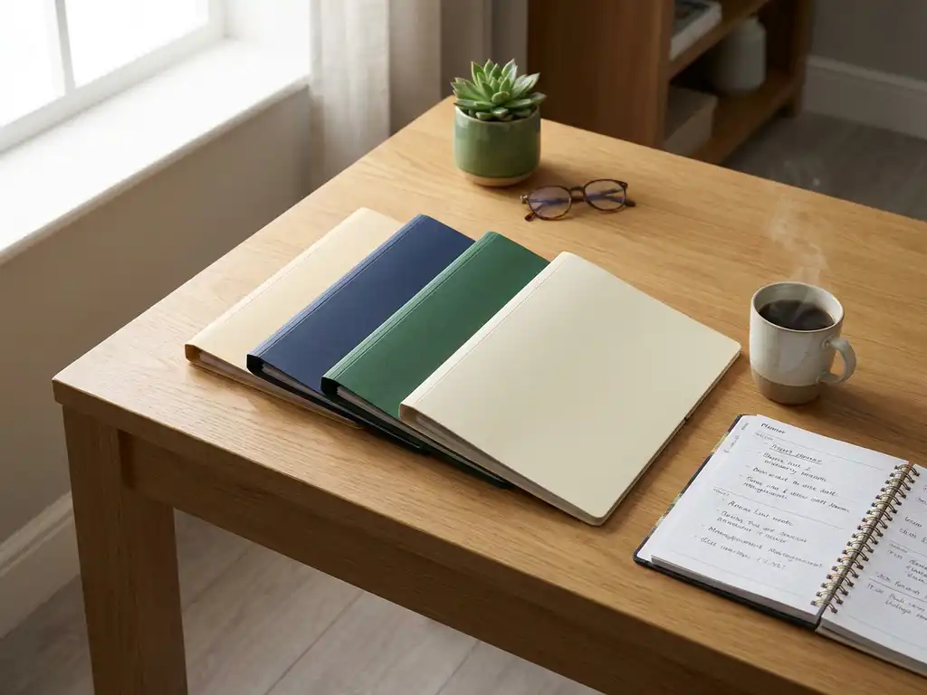 Eiken bureau met vier projectmappen op een rij, dampende koffie naast een open planner met handgeschreven notities in zacht ochtendlicht.