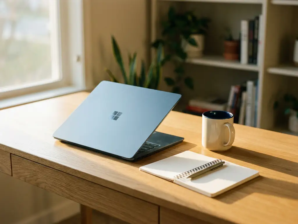Microsoft Surface laptop op een eiken bureau naast een koffiemok en notitieboekje, zacht ochtendlicht, rustige professionele werkplek.