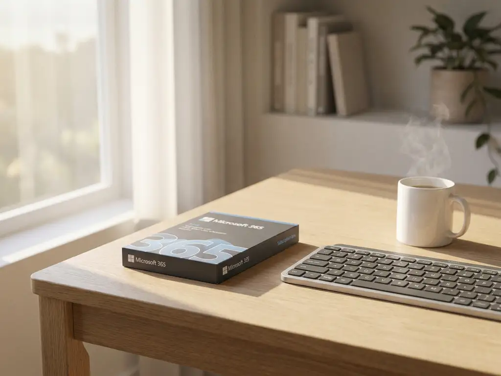 Microsoft 365-doos en draadloos toetsenbord op licht eiken bureau met koffiemok in zacht ochtendlicht.