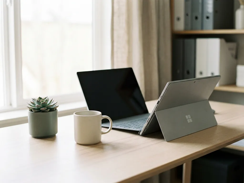 Microsoft Surface laptop half-open op een modern bureau naast een keramische koffiemok en een vetplant, zacht daglicht.