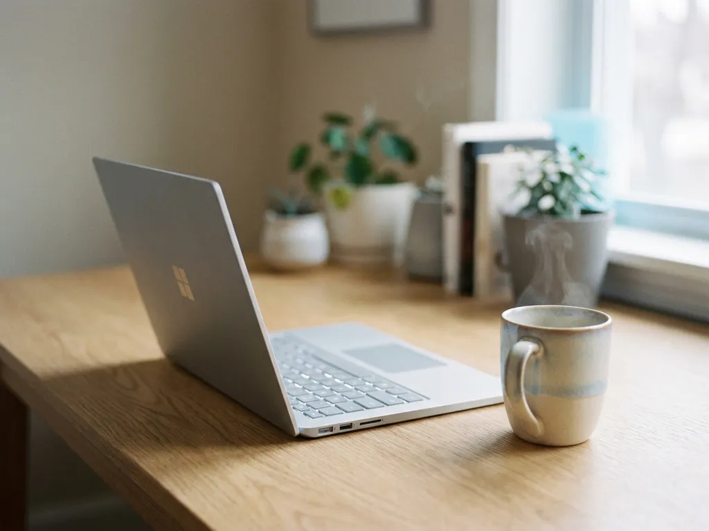 Microsoft Surface laptop op een houten bureau naast een koffiekop, verlicht door zacht natuurlijk raamlicht.