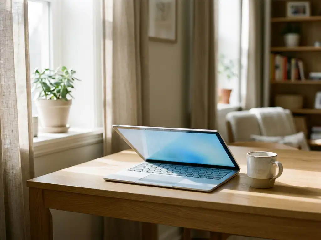 Halfgeopende laptop op een houten bureau met een keramische koffiemok, zacht ochtendlicht en een rustige werksfeer.
