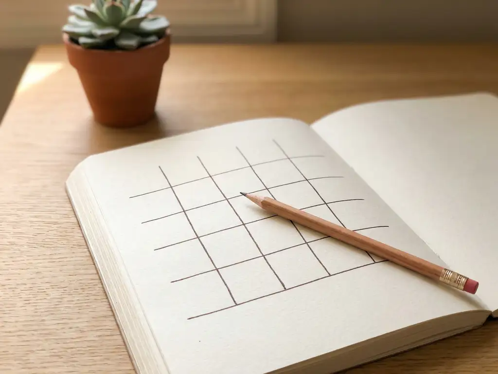 Open notitieboek met handgeschreven planningsraster op een licht eiken bureau, potlood diagonaal op de pagina, groene plant op de achtergrond.